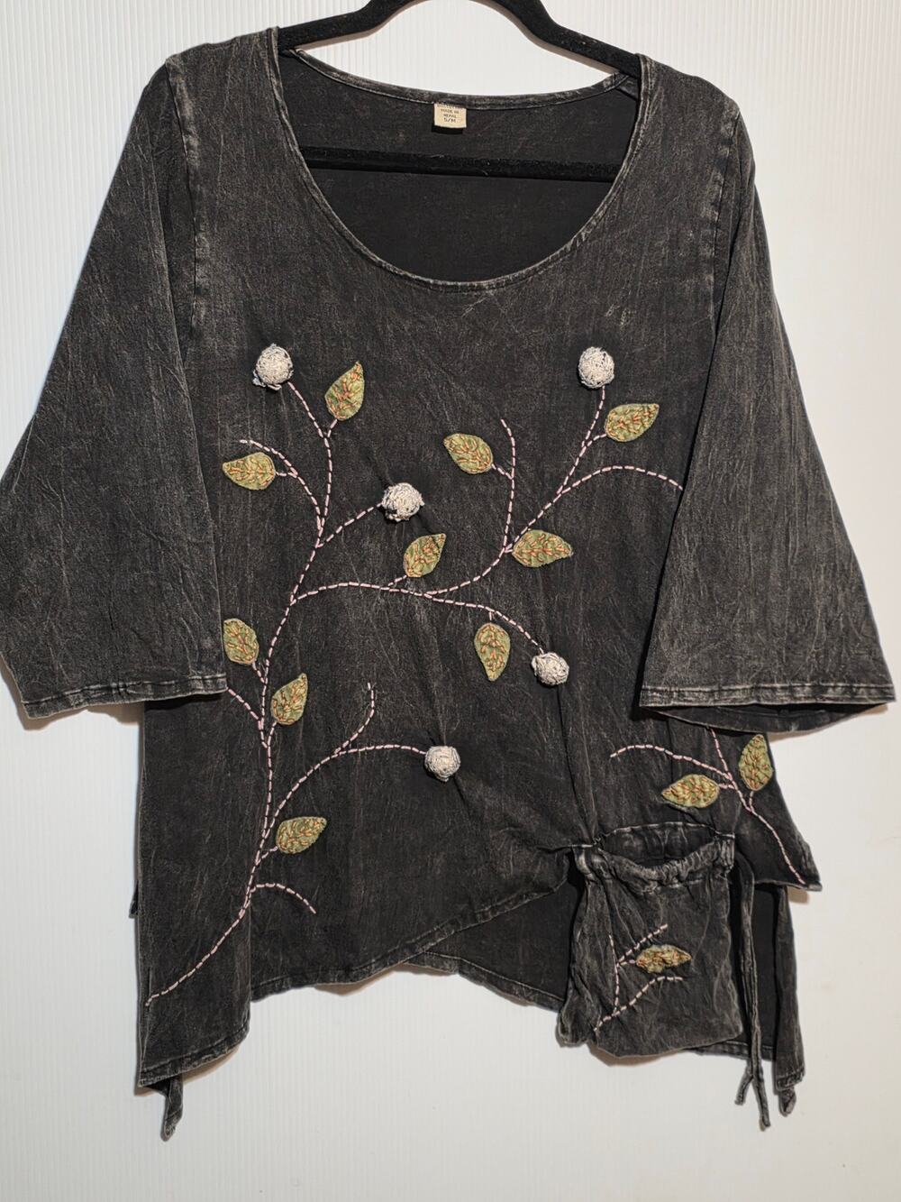 Handmade Embroidered Mineral Washed Cotton Top S/M Black Boho Art To Wear Blouse